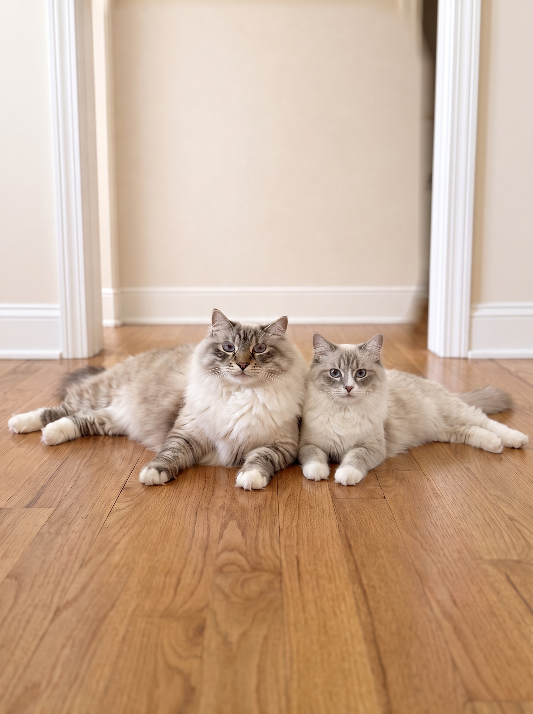 A larger male Siberian beside a smaller female Siberian, shown as a size reference