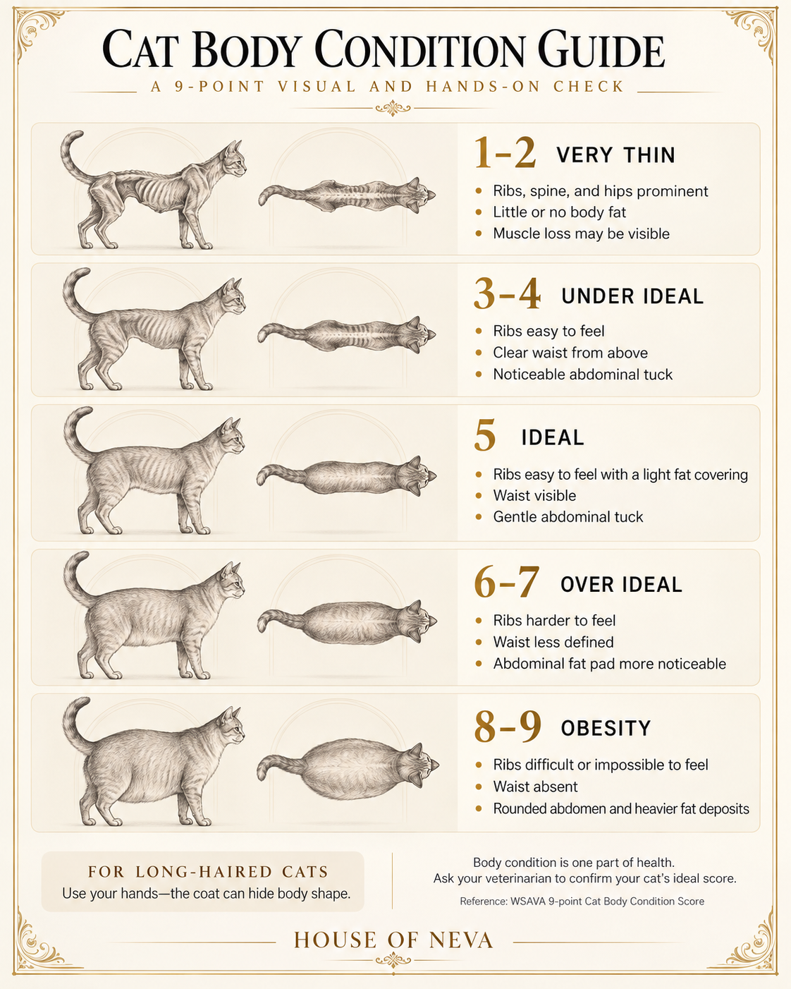 Cat body condition guide showing the 9-point visual and hands-on check